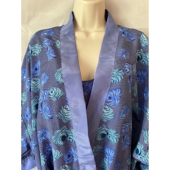 Y2K Contessa Di Roma  Lounge Set‎ L Kimono Robe Sleeveless Dress Blue Floral VTG - Picture 7 of 12